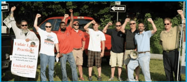 Putting it on the line in solidarity with American Water members. Left to right: Mike Esposito, Local 423; Jim Lewis, national rep; Phil Green, Local 640; Adam Chrnalogar, Local 121; Dasher Zsomboran, Local 395; Danny Seebeck, Local 121; Allan Bathon, Local 335; Kevin Booth, Local 537; Tom Schneider, Local 335.